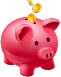 Pink piggy bank with coins falling into slot